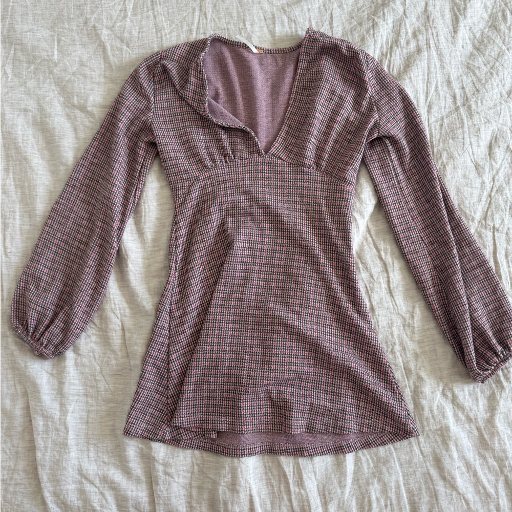 Free People V neck long sleeve mini dress in pink plaid